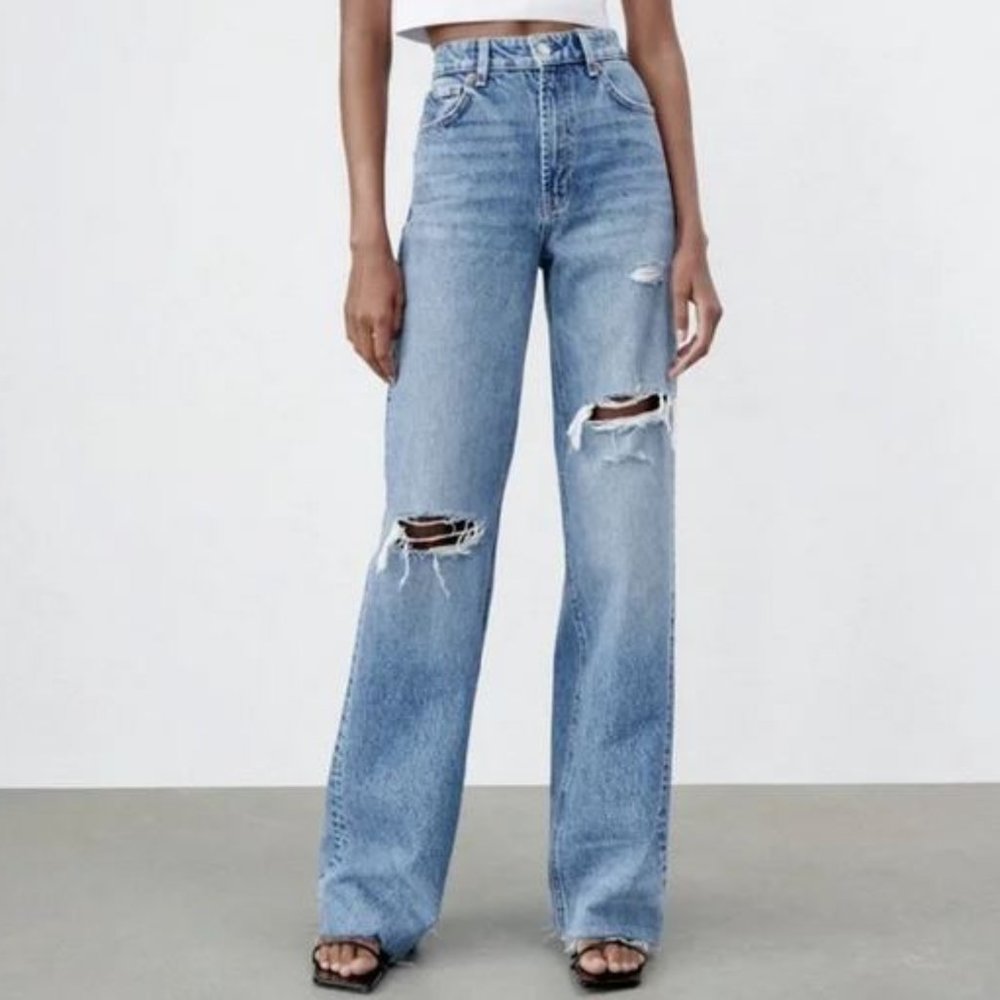 Zara 90s wide leg full length distressed denim jeans